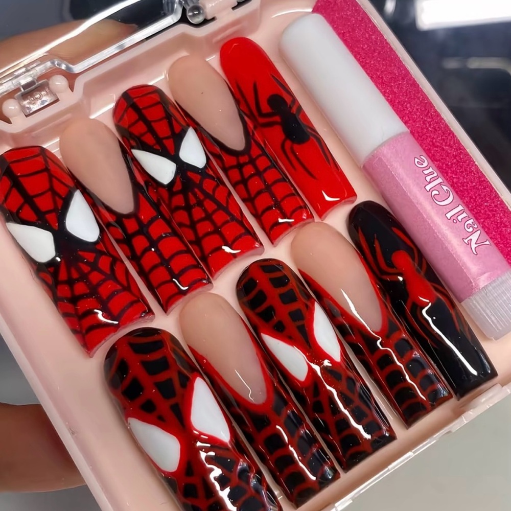 Spider-Themed Red and Black Press-On Nails